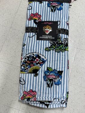 Ed Hardy Blue & White Striped Plush Throw with Floral, Fan & Tiger Motifs